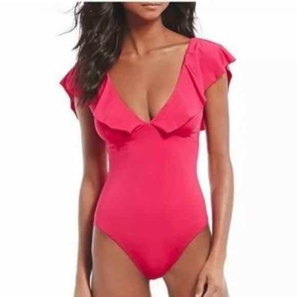 NWTs Trina Turk Indo Ruffled Open-back V-neck One Piece Swimsuit Fuchsia (12) - Picture 1 of 15